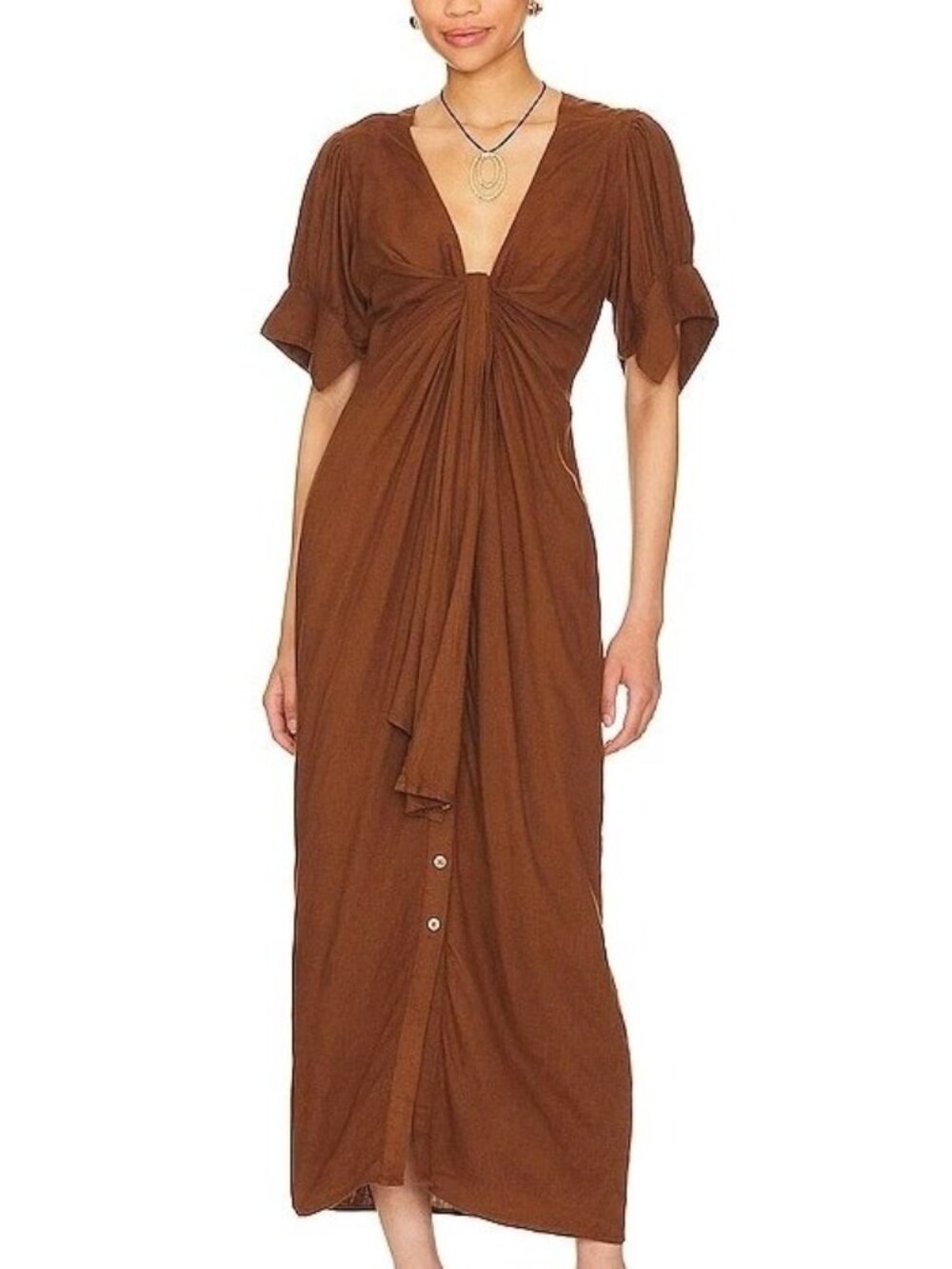 Free People X Revolve Midi Dress  Vintage Summer Front Tie Brown S Viscose Linen